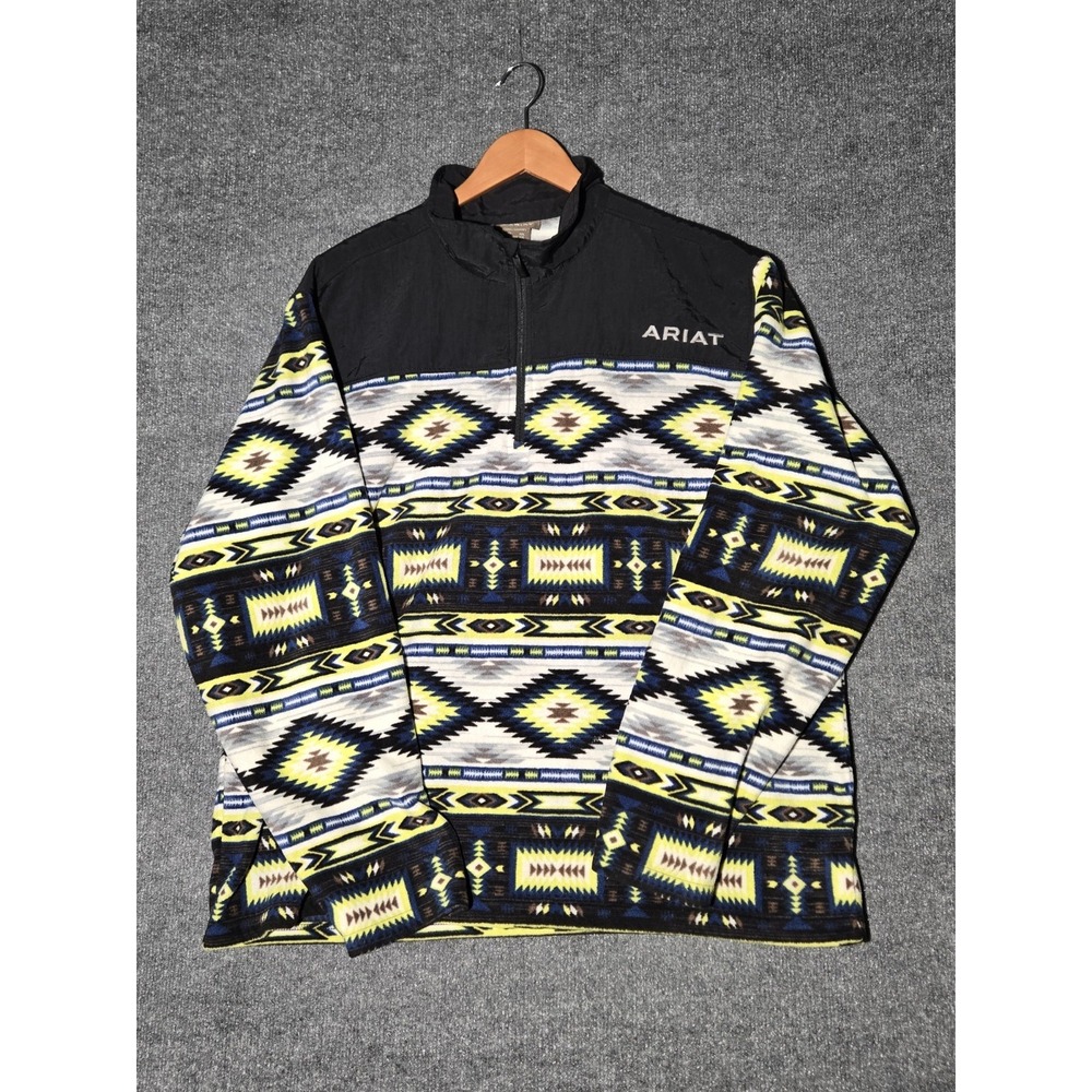 Ariat Men's XXL Aztec Southwestern Fleece Quarter Zip Pullover Black Blue Yellow